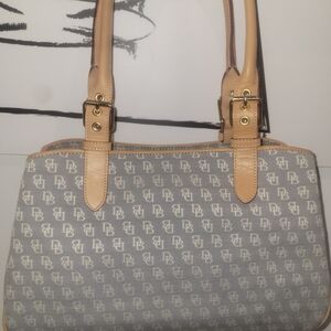 Brand: Dooney & Bourke
Style: Signature DB monogram Stylish Gray and Tan Handbag